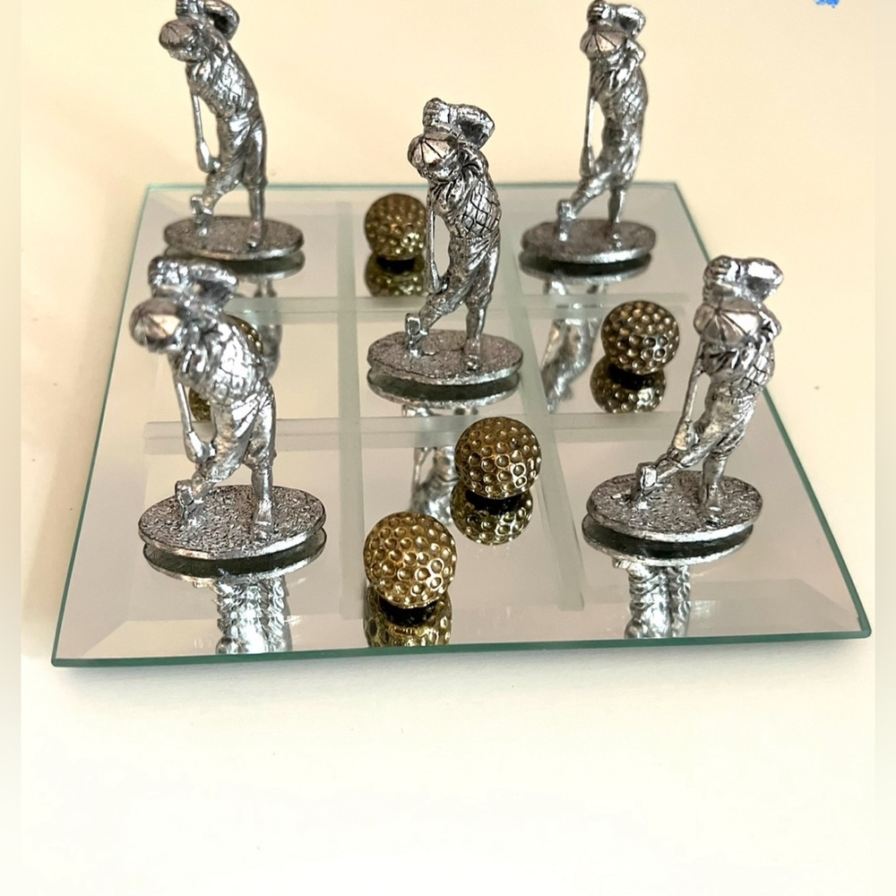 Glass and Pewter Metal Golfing Figured Home Decor Accents Vintage Tic Tac Toe